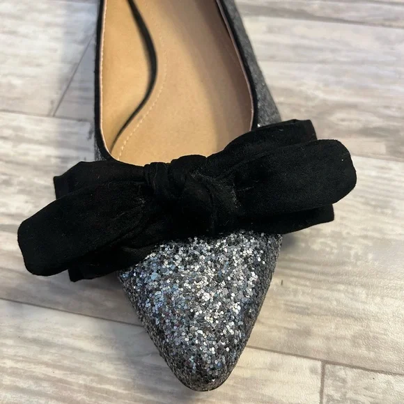 LOFT Silver Glitter Sparkle Flats with Black Velvet Bows - Picture 8 of 9
